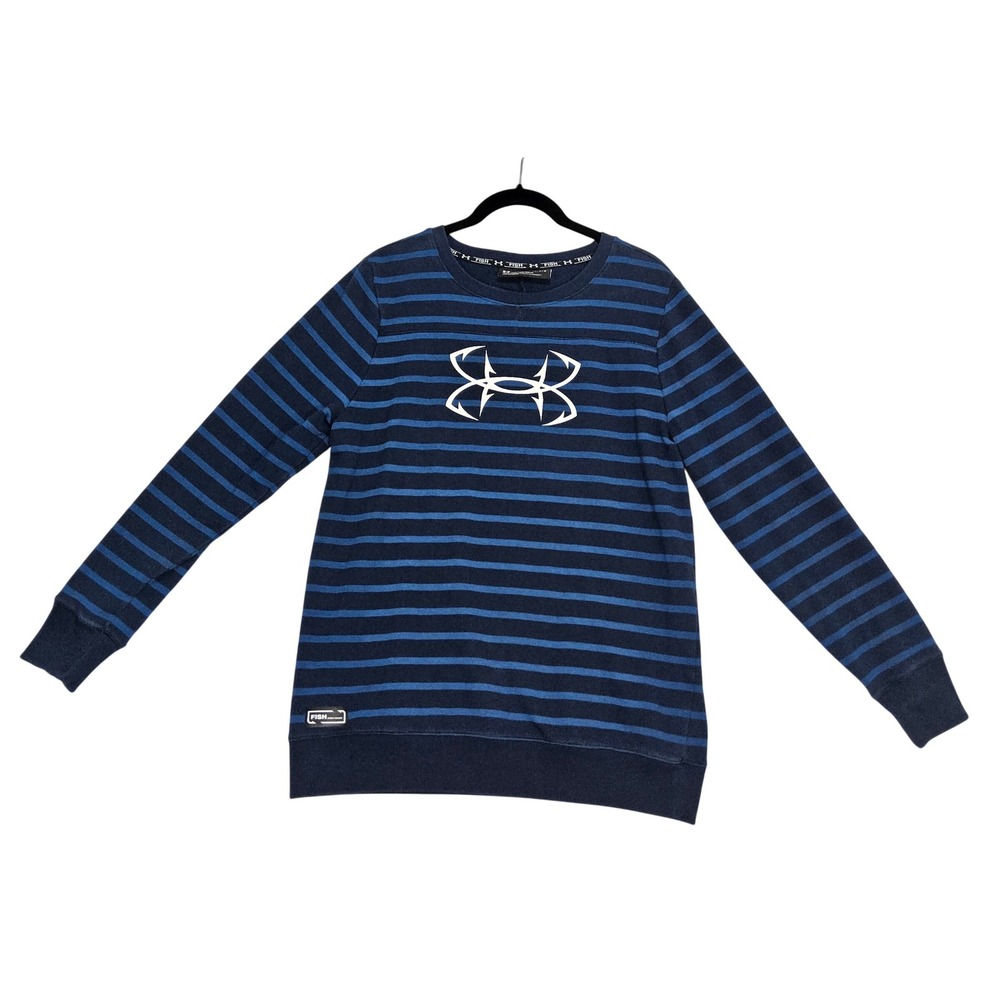 Under Armour Fish Sweatshirt Mens L Shirt Fishing Loose Fit Striped Blue UPF 40+